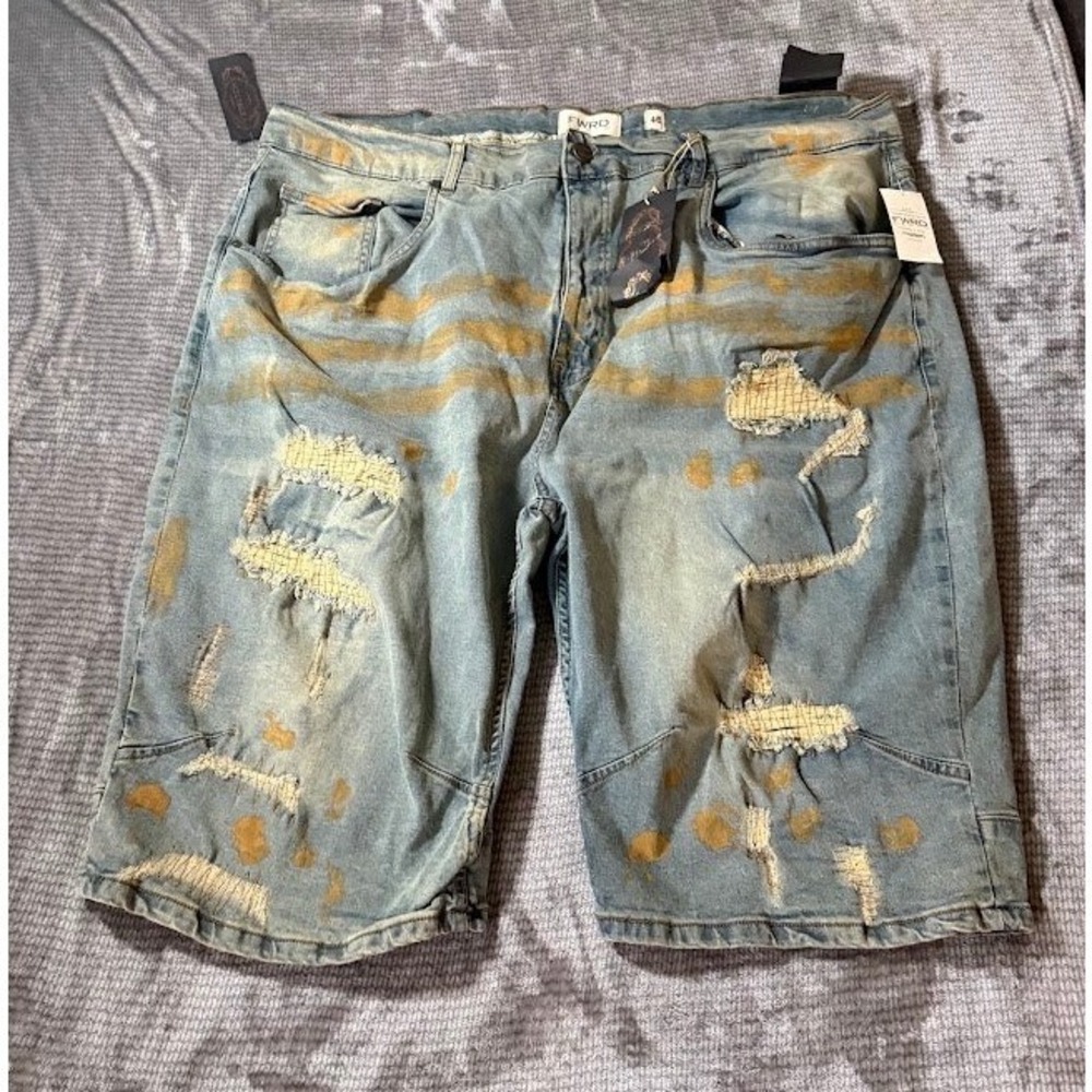 FWRD Denim Mens Distressed Paint Splatter Jean Shorts Blue 48X12 NWT